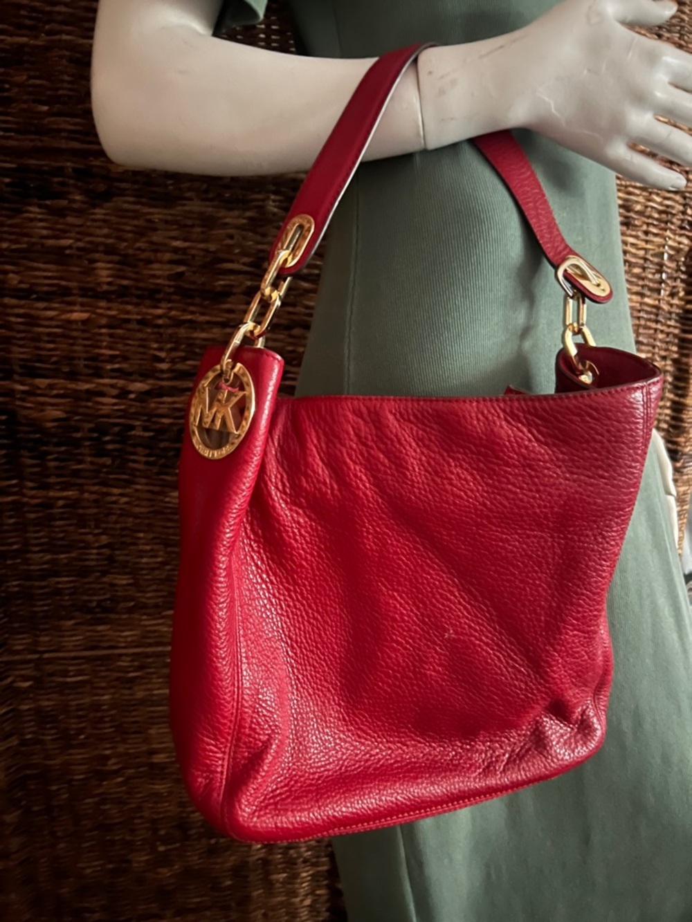 Michael Kors Red Pebbled Leather Hobo with Gold Hardware